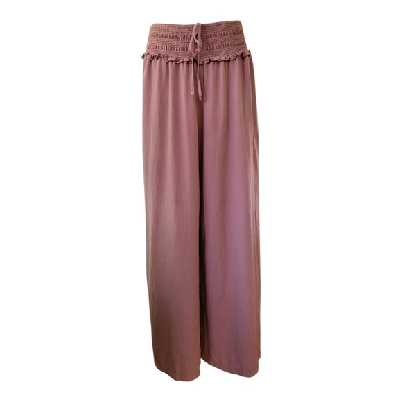 Mustard Seed Pants - 💕Mustard Seed Mauve Smocked Waist Wide Leg Pants L Boho Ruffle Lounge Pocketed